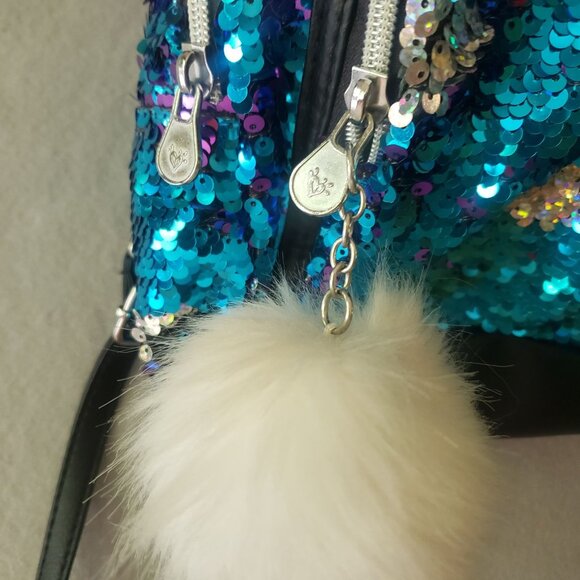 Justice Girls Mini Backpack Blue Purple Silver Color Change Sequin White Pom - Picture 3 of 13
